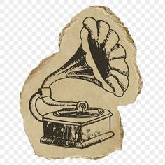 an old - fashioned record player is shown on a piece of paper with torn edges