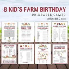 the 8 kids's farm birthday printable games are shown in red and white