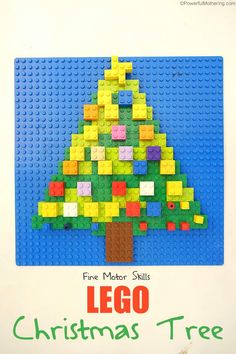 a lego christmas tree is shown on the back of a blue and white poster with red lettering