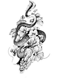 a dragon and flowers tattoo design