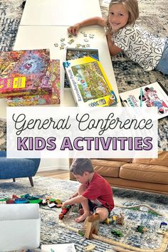 Ideas for how to help kids during General Conference with puzles, building toys, and other games and activities. The pictures shows children playing and learning as they watch General Conference. They've got simple toys and ideas along with a Genreal Conference Activity pack and coloring pages so they can take notes, write in their journal, and play fun games while they listen to the prophets, apostles, and leaders. General Conference Bags Kids, General Conference Activities For Kids 2024, General Conference Bingo, Conference Bingo, General Conference Journal, Lds Nursery