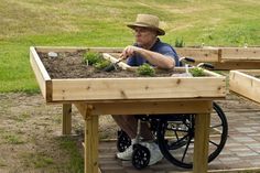 a man sitting in a wheel chair filled with dirt next to a garden bed and plants