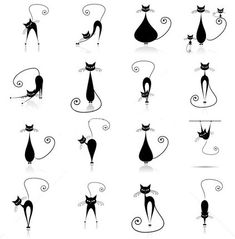 black and white silhouettes of cats with different shapes, sizes and colors on them