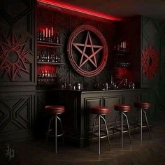 a bar with red lights and stools in front of the bar counter is an inverted pentagram