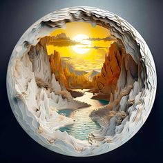 an image of the inside of a bowl with water and mountains in it, as seen from above