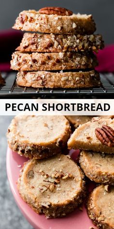 pecan shortbread cookies stacked on top of each other