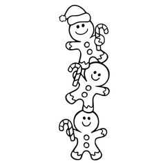 a line drawing of three gingers with hats and candy canes