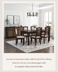 a dining room table and chairs with the words let our luna brass finish solid wood & piece dining room set elevate your dining space with elegant charm and exotic flair