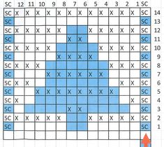 a blue and white cross stitch chart with the numbers in each row, as well as an arrow