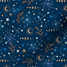 a blue background with stars, moon and crescents in gold on the left side