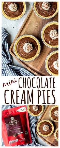 mini chocolate creme pies on a wooden tray with the title in the middle