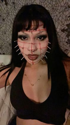 Pin Head Costume, Pin Head Makeup, Horror Costume Women, Hell Raiser Costume, Hellraiser Makeup, Pinhead Cosplay, Pinhead Makeup, Pinhead Costume, Halloween Face Paint Ideas For Women