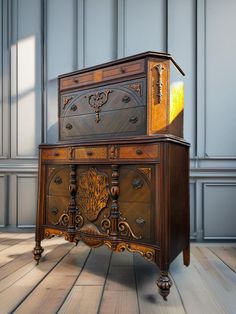 an old fashioned wooden dresser with ornate carvings on the front and sides, sitting on a wood floor