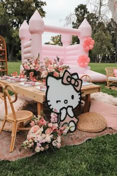 a hello kitty themed birthday party with pink balloons and flowers