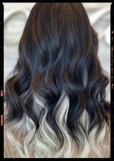 Hair Color Idea - Black and White Hair Dark On Top Blonde Underneath, Black Hair With Blonde Color Block, White On Top Black On Bottom Hair, Black And Icy Blonde Hair, Black Hair With Platinum Highlights Underneath, Black Hair With White Extensions, Black Hair On Top Blonde Underneath, Black Hair White Tips, White Tips Hair