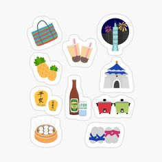 various stickers with different types of food and drinks on them, including pineapples