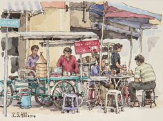 a watercolor drawing of people sitting at an outdoor food cart