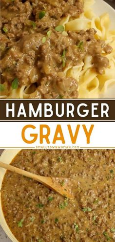 hamburger gravy in a white bowl with noodles and parsley on the side