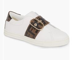 Fendi N2910 Womens White Leather Iconic Ff Band Sneakers Size EU 38 US 8E Details & Care A strap embossed with the iconic FF logo is secured with a bold buckle featuring a metallic pearl on this fresh, slip-on sneaker. Leather upper and lining/rubber sole Made in Italy Syx Ff Logo, Diy Shoes, Anniversary Sale, Leather Sneakers, White Leather, Flat Shoes Women, Womens Sneakers, Slip On Sneaker, Shoes Flats