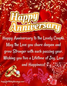 happy anniversary message for couple with red background and gold confetti on the left side