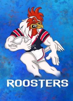 the rooster mascot is wearing a football uniform and has his arms crossed, with words roosters on it