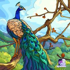 a painting of a peacock sitting on a tree branch