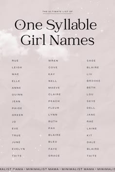 the ultimate list of one sylabe girl names on a pink background with clouds and stars