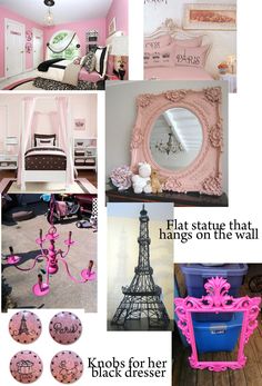 pink and black bedroom with eiffel tower decor