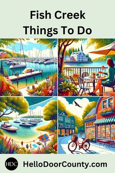 the cover of fish creek things to do, with pictures of people sitting at tables and eating