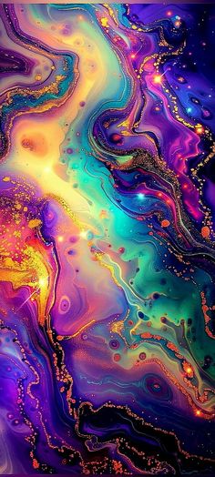 an abstract painting with gold and purple colors