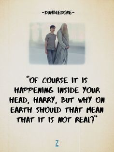 a couple standing next to each other in front of a poster with the caption of'course it is happening inside your head, harry, but why on earth should