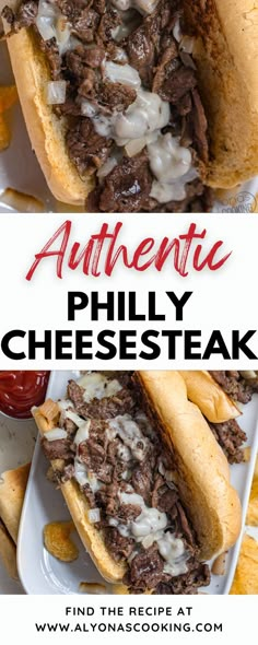 an image of two sandwiches with cheese and meat on them, the title reads authentic phily cheese steak