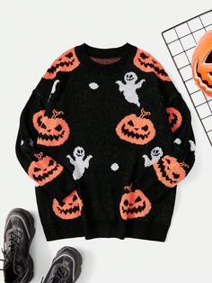 Multicolor Casual Collar manga larga Lana Peinada Halloween Pullovers Embellished Elástico Ligero Appalachian Horror, Scene Outfits, Drop Shoulder Sweater, Halloween Pattern, Funky Outfits, Plus Size Halloween, Drop Shoulder Sweaters