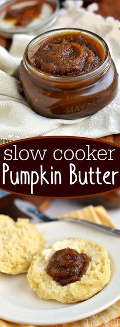 slow cooker pumpkin butter cookies on a plate with the words slow cooker pumpkin butter