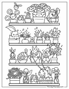 a coloring page with plants and flowers on shelves