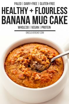 a white bowl filled with healthy and nutritious banana mug cake