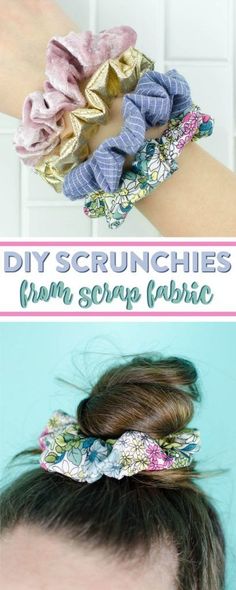 three different types of hair scrunches on top of each other with the words diy's crunchies from scrap fabric