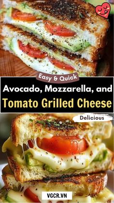 grilled cheese sandwiches with tomatoes and avocado, mozzarella, and tomato