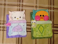 two children's bedspreads with hello kitty and cat designs on them