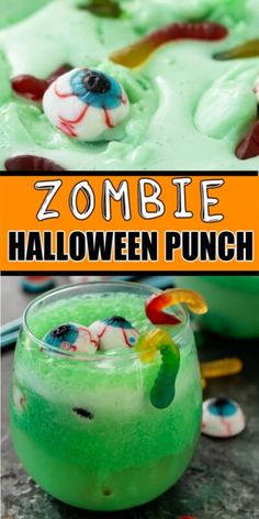 halloween punch recipe in a glass with candy on the rim and zombie eyeballs around it