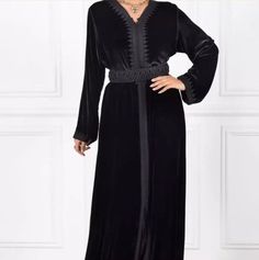 Caftan, Moroccan Kaftan, Black Moroccan Velvet Kaftan, Dubai Gown, Black Evening Dress , Abaya , This item is made to order and can be customised Velvet Caftan Moroccan, Elegant Fitted Abaya With Dabka Detailing, Elegant Fitted Abaya With Dabka, Elegant Fitted Floor-length Thobe, Traditional Black V-neck Abaya, Fitted Black Thobe For Eid, Black V-neck Maxi Dress For Eid, Elegant Fitted Maxi Dress With Dabka, Formal Black Kaftan With Dabka Detailing