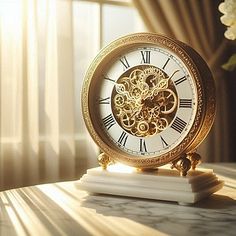 an ornate clock sitting on top of a table next to a vase filled with flowers