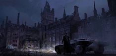 the dark knight stands in front of an old castle at night with his horse and carriage