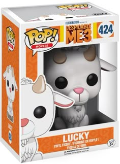 pop movies vinyl figure lucky the white cat with pink nose and tail, in an orange box