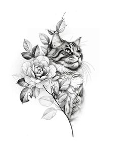 a black and white drawing of a cat with flowers on it's back side