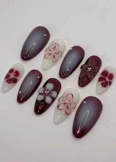 Nails Press On, Nail Charm Ideas, Flower Y2k, White Aura, Nails 3d, Nails Press, Floral Nail, Girly Acrylic Nails, Y2k Nails