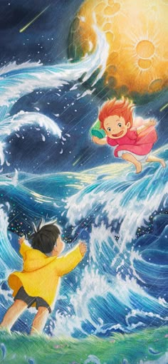 a painting of two children in the ocean, one is flying above the water and the other is holding a life preserver