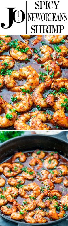 spicy new orleans shrimp in a skillet with garnishes and parsley