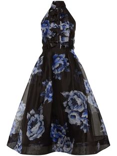 black/blue white silk chiffon floral print bow detailing halterneck tie fastening high neck cut-out detailing fitted waistline flared skirt straight hem full lining Circular Skirt, Cutout Midi Dress, Skirt Straight, Rebecca Vallance, Silk Chiffon Dress, Halter Neck Dress, Chiffon Floral, Halter Midi Dress, Black Baby