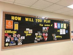 a bulletin board that has been decorated with pictures and words on it in the hallway